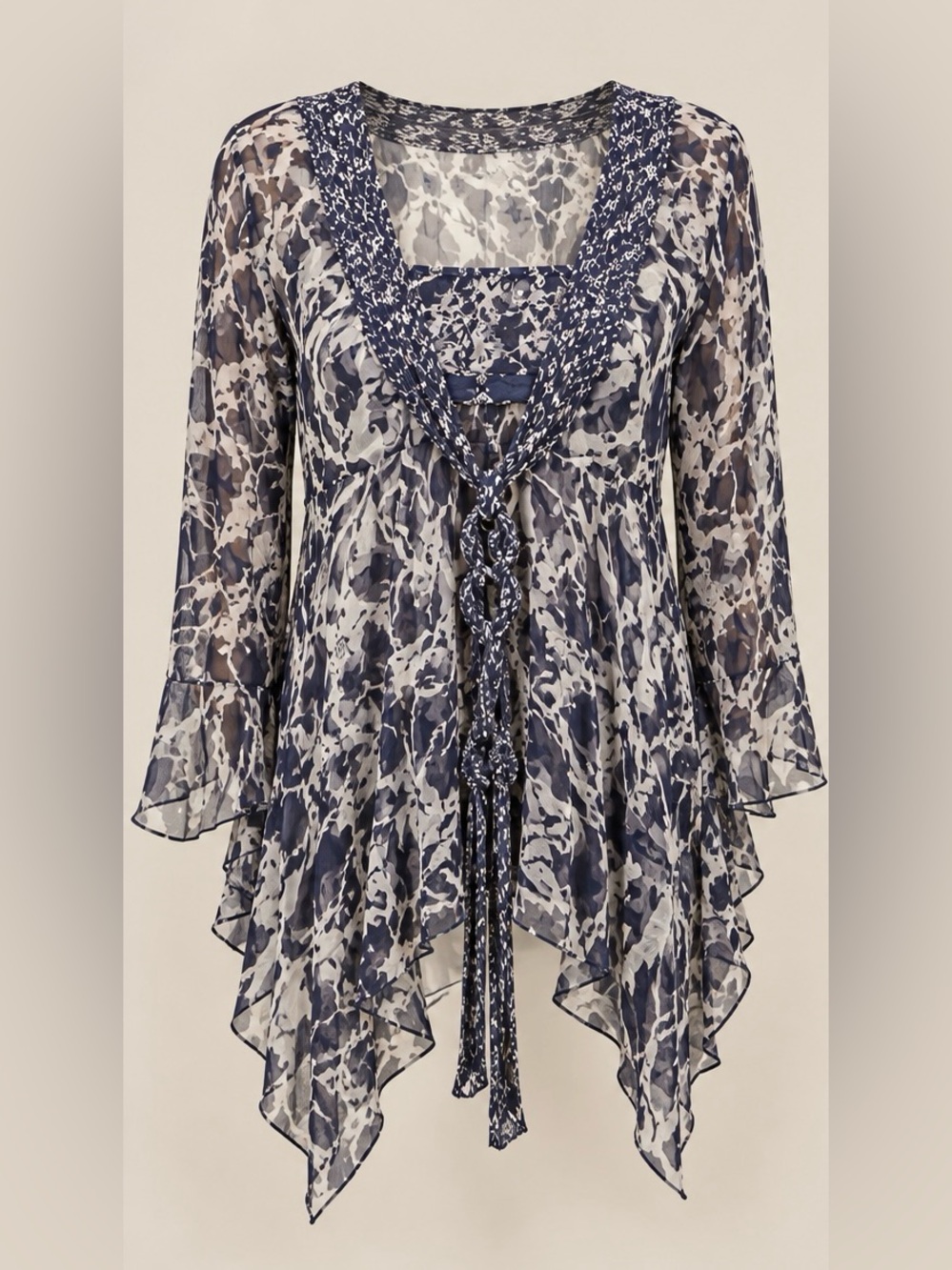 Vintage 90s Carole Little Silk Floral Tunic Handkerchief Blouse Navy Size S